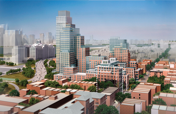 A developer’s rendering shows its LICH plan after proposed rezoning.
