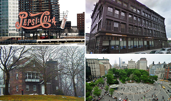 Clockwise from top left: The Pepsi-Cola sign at Gantry Plaza State Park in Long Island City, 183-195 Broadway in Williamsburg, Union Square, and Price's Bay Light on Staten Island