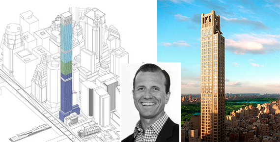 From left: A rendering of 80 South Street in the Financial District and a rendering of 520 Park Avenue in Midtown (inset: M Myers Mermel)