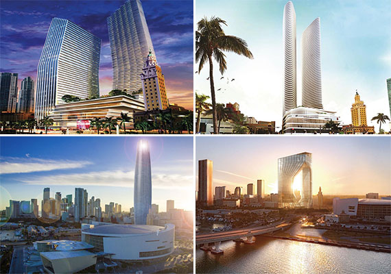 Collage of renderings proposed for the Miami Dade College site in downtown Miami