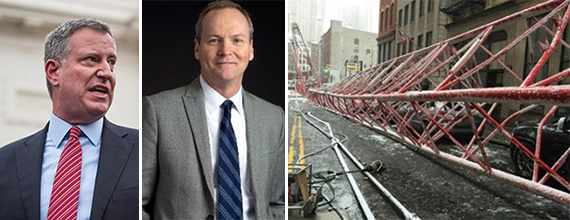 Mayor Bill de Blasio, Rick Chandler and the Worth Street crane collapse (credit: FDNY)