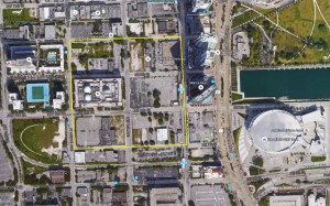 (Click to enlarge) An aerial map of Miami Worldcenter's outlined street borders