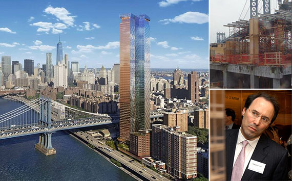 Clockwise from left: Rendering of One Manhattan Square (credit: Extell Development), the construction site earlier this month (credit: New York YIMBY) and Gary Barnett