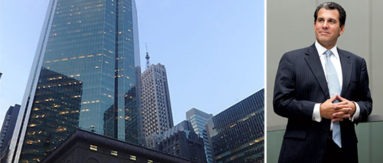 BlackRock's current home at 55 East 52nd Street and JLL's Peter Riguardi (credit: Michael Toolan)