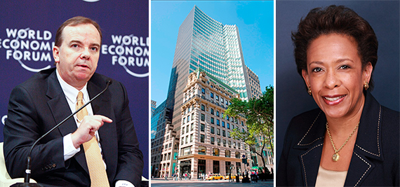 From left: HSBC's Stuart Gulliver, 452 Fifth Avenue in Midtown and Loretta Lynch