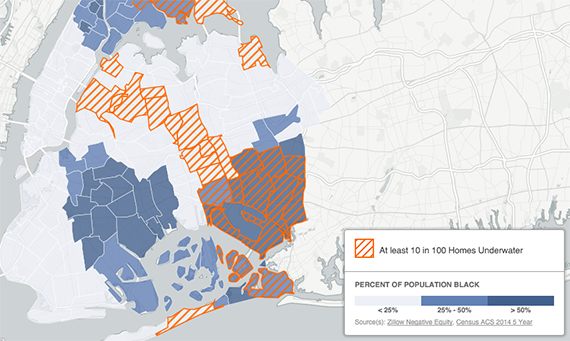 A map showing neighborhoods where 10 percent or more of mortgages are underwater (credit: Christopher Cardinal/Center for NYC Neighborhoods)