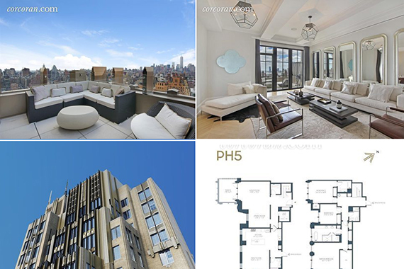 Walker Tower Penthouse 5 and an exterior shot of the building at 212 West 18th Street (Credit: The Corcoran Group)