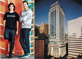 From left: WeWork co-founders Miguel McKelvey and Adam Neumann and 450 Lexington Avenue (credit: RXR Realty)