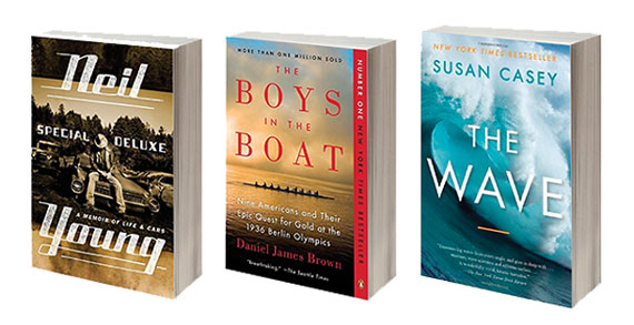 From left: “Special Deluxe: A Memoir of Life and Cars" by Neil Young, “The Boys in the Boat” by Daniel James Brown, and "The Wave,” by Susan Casey