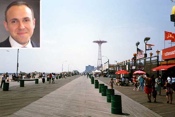 Coney Island's boardwalk (inset: Mark Treyger)