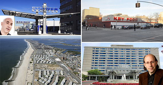 Clockwise from top left: Steiner Studios at Brooklyn Navy Yard (inset: Doug Steiner) (credit: STUDIO SCRIVO), the Key Food at 575 Grand Street in Williamsburg, the Hilton hotel currently occupying 144-02 135th Avenue and Gene Kaufman and Arverne by the Sea in the Rockaways