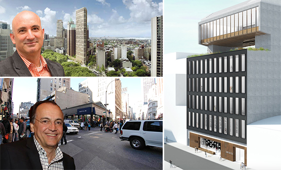 From top left: David Kramer And 280 Cadman Plaza West in Brooklyn Heights; Paul Kanavos And 1185 Broadway in Nomad; a rendering of the new Pace Gallery at 540 West 25th Street in Chelsea