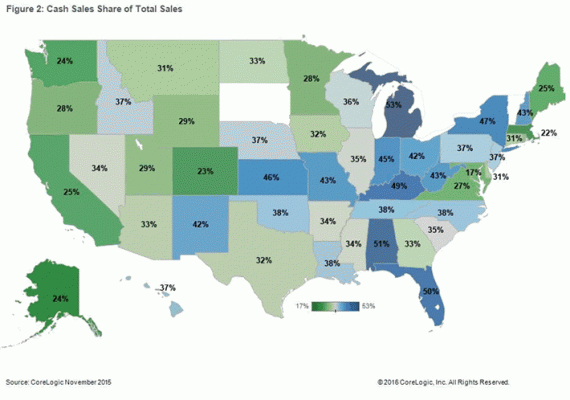 A map of cash sales by state for November
