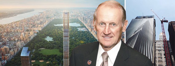 Richard Anderson with a rendering of 111 West 57th Street and a photo of the construction site