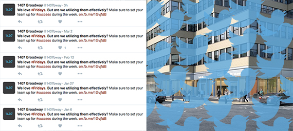 <em>From left: Tweets from @1407Bway and a rendering of the building</em>