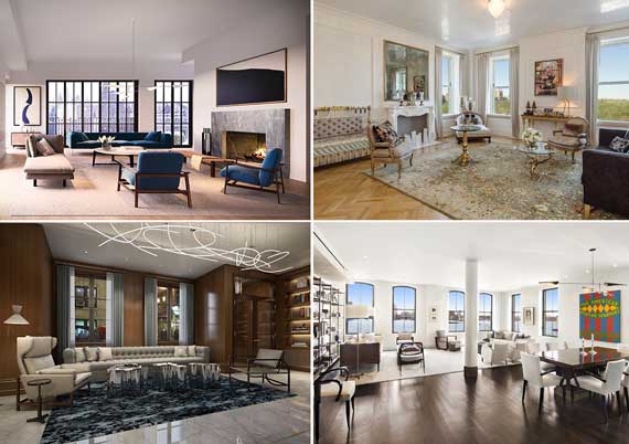 Clockwise from top left: 221 West 77th Street, 1 Central Park South, 155 East 79th Street and 250 West Street