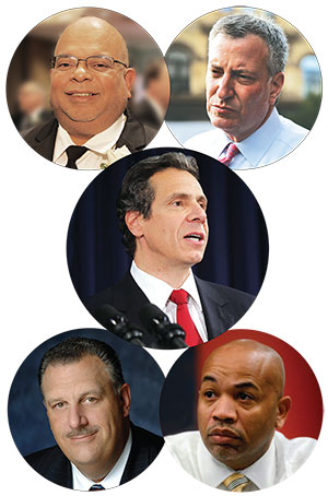 Top left, John Banks, REBNY president; top right, Mayor Bill de Blasio; center, Gov. Andrew Cuomo; lower left, Gary LaBarbera, president of the Building and Construction Trades Council; lower right, Assembly Speaker Carl Heastie (Click to enlarge)