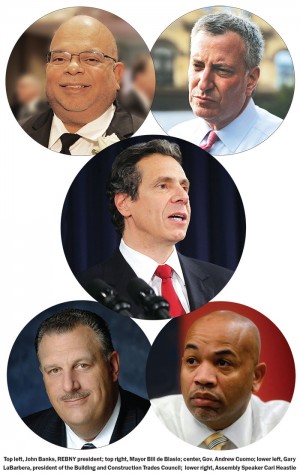 Top left, John Banks, REBNY president; top right, Mayor Bill de Blasio; center, Gov. Andrew Cuomo; lower left, Gary LaBarbera, president of the Building and Construction Trades Council; lower right, Assembly Speaker Carl Heastie