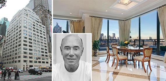 The Parc V co-op at 785 Fifth Ave and the pre-renovation penthouse (credit: Corcoran Group) (inset: David Geffen (credit: UCLA))
