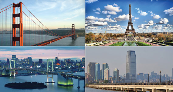 Clockwise from top left: San Francisco, Paris, Jersey City and Tokyo