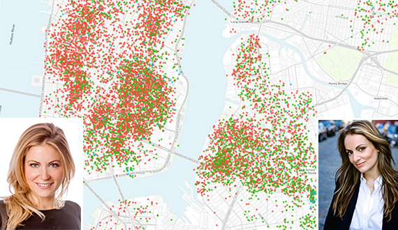 A map of Airbnb listings in New York (credit: Inside Airbnb) (inset from left: Karla Saladino and Frances Katzen)