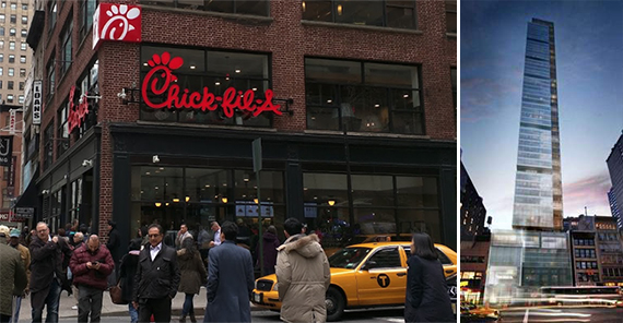 From left: Chick-Fil-A at 1000 Sixth Avenue (credit: Google Street View) and One Madison at 23 East 22nd Street in the Flatiron District