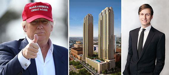 From left: Donald Trump (credit: Donald Trump for President), a rendering of the Trump Bay Street in Jersey City (credit: Kushner Companies) and Jared Kushner