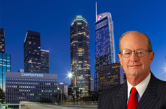 John Cushman III and a rendering of the Wilshire Grand by Ace Martin