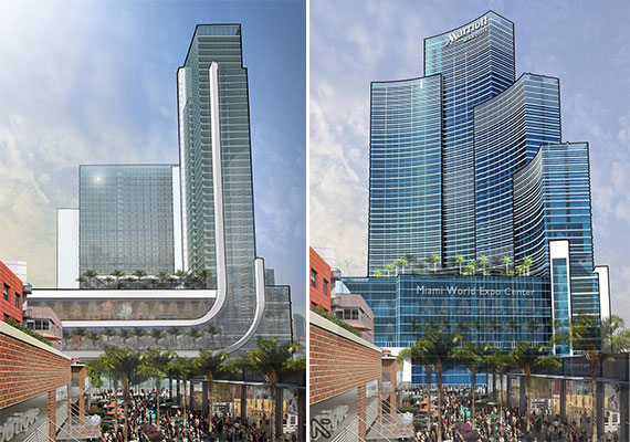 An up-to-date rendering of the hotel, left, and an early version, right (Credit: Nichols Brosch Wurst Wolfe &amp; Associates)