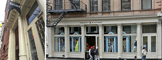 Melissa Shoes' storefront at 102 Greene Street in Soho and 500 Broadway