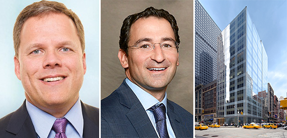 From left: New York REIT's Michael Happel, Blackstone's Jonathan Gray and 1140 Sixth Avenue in Midtown