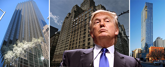 From left: Trump Tower, 100 Central Park South and the Trump Soho, with Donald Trump (credit: Gage Skidmore/Flickr)