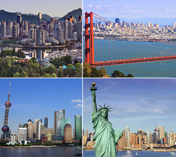 Clockwise from top left: Vancouver, San Francisco, New York City and Shanghai