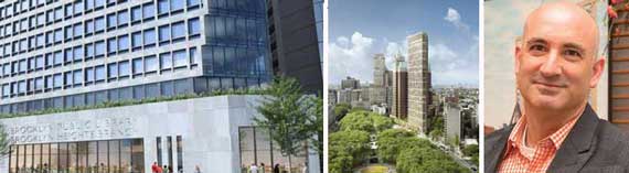 From left: Renderings of the Brooklyn Heights library and condo tower at 1 Clinton Street, and David Kramer