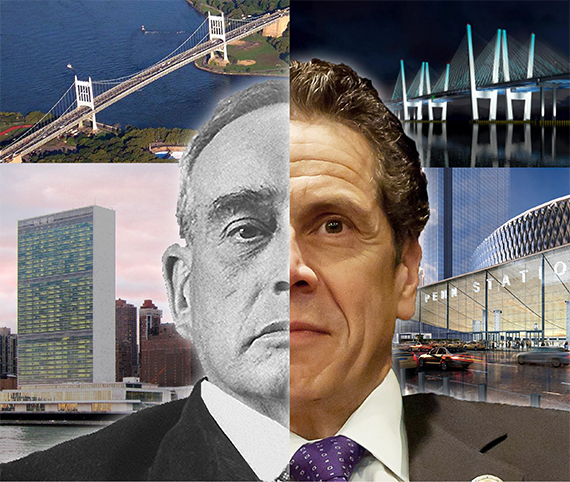 <em>Clockwise: The Triborough Bridge, rendering of the New NY Bridge, U.N. Headquarters and rendering of Penn Station (inset: Robert Moses and Andrew Cuomo hybrid) (credit: Steve Krupinski)</em>
