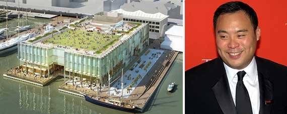 From left: Pier 17 rendering and David Chang (Credit: David Shankbone via Wikipedia)