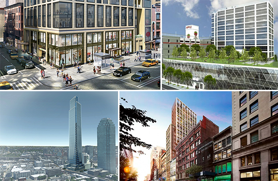 Clockwise from top left: A rendering of 147 East 86th Street (credit: HOK Architects); Alma Realty's planned office and retail building on the "Apple Building" site in Long Island City (credit: Winick Realty Group); a rendering of 39 West 23rd Street in the Flatiron District (credit: Anbau Enterprises); and a rendering of the United Construction and Development Group's planned Court Square City View Tower at 23-15 44th Drive in Long Island City