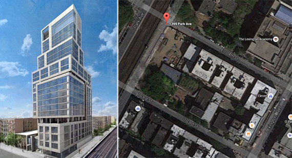 From left: Rendering of 1399 Park Avenue (credit: GHWA) and the site via Google