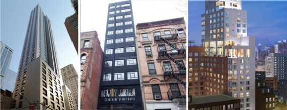 From left: The Holiday Inn Manhattan-Financial District at 99 Washington Street, the Orchard Street Hotel at 163 Orchard Street and the Hotel Indigo at 171 Ludlow Street