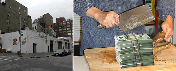 <em>From left: 601 Washington Street in the West Village and a pile of money being butchered (credit: Wikimedia Commons)</em>