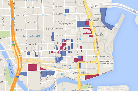 Recent Miami commercial property sales, with those purchased by New York-based investors in blue