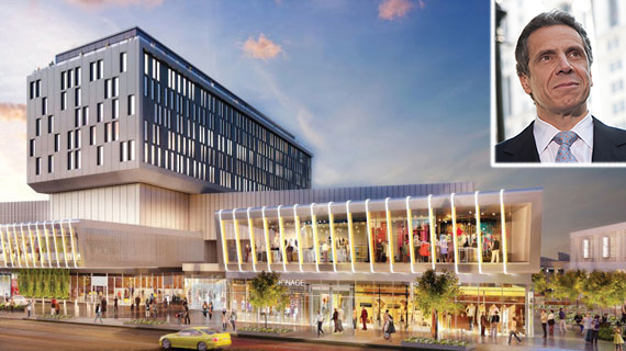 Rendering of Empire Outlets in Staten Island (inset: Andrew Cuomo)