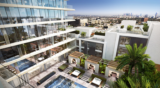 A rendering of the view from the Wetherly Terrace at the Four Seasons Private Residences Los Angeles