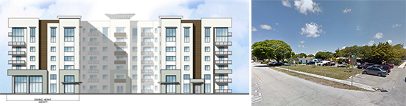Rendering of Morgan's Flagler Village apartment building and a photo of the development site