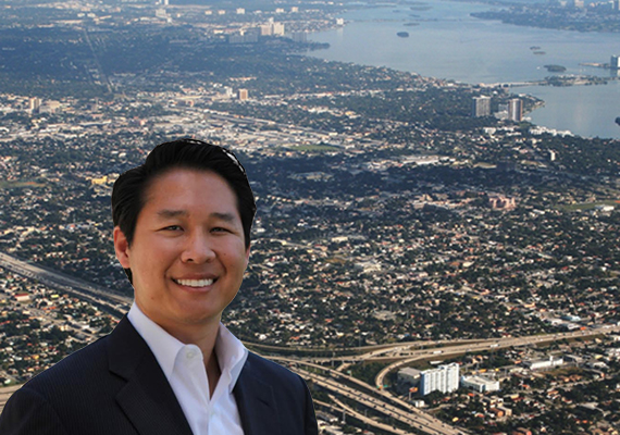 Hue Chen and an aerial view of Miami-Dade County