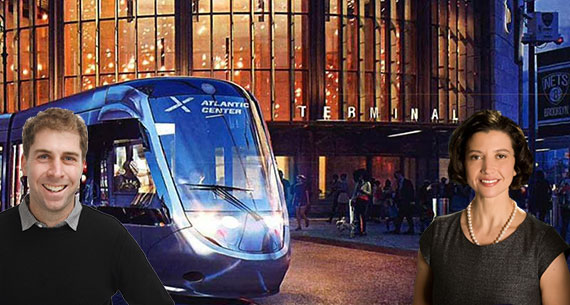 Jed Walentas and Helena Durst with a rendering of the Brooklyn Queens streetcar