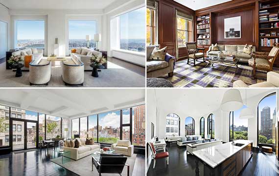 From top left: 432 Park Avenue (Credit: Douglas Elliman), 740 Park Avenue (Credit: Corcoran Group), 15 Union Square West, Unit 27/7B (Credit: Town Residential) and 15 Union Square West, Unit 6B (Credit: Sotheby's International Realty)
