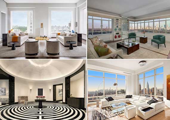 From top left: 432 Park Avenue (Credit: DBOX), 25 Central Park West (Credit: Brown Harris Stevens), lobby at 30 Park Place (Credit: Corcoran Group) And 845 United Nations Plaza (Credit: Town Residential)