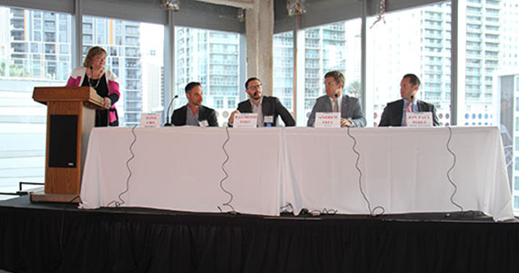 From left to right: Moderator and Downtown Development Authority Executive Director Alyce Robertson, Tony Cho, Raymond Fort, Andrew Frey and Jon Paul Perez.