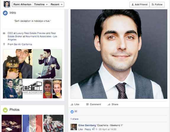 A screenshot of Rami Atherton's Facebook page. A commenter has written "Coachella — Weekend 1" under his headshot